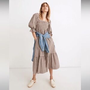 Madewell Lucie Elbow-Sleeve Smocked Midi Dress in Brown Gingham Small